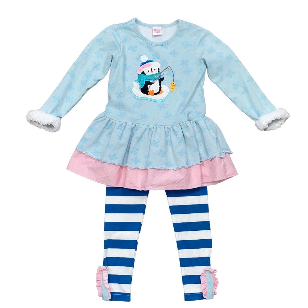 4T Ricrac & Ruffles Holiday Penguin Blue White Striped Boutique Outfit Set